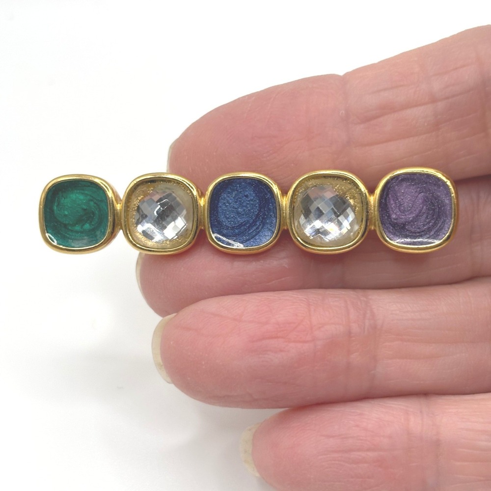 Vintage Trifari Gold‎ Tone Enamel & Crystal Bar Brooch Pin Multi Color Squares